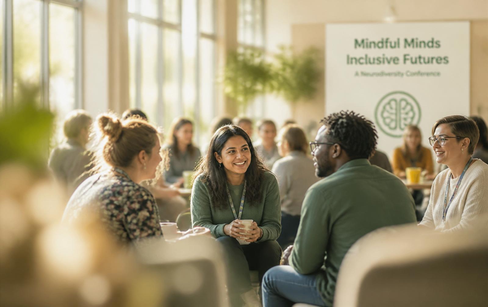 Conference attendees in warm conversation at a neurodiversity event